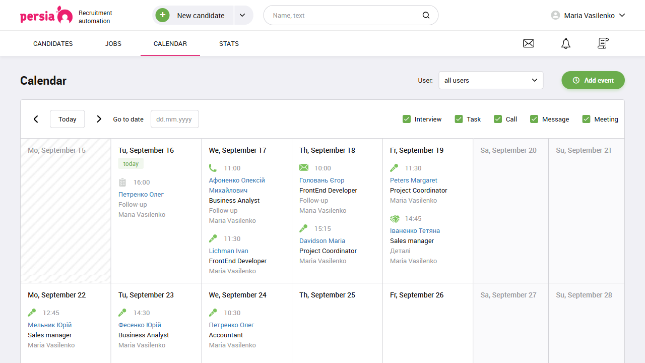 Interview calendar | Recruitment automation | PersiaHR