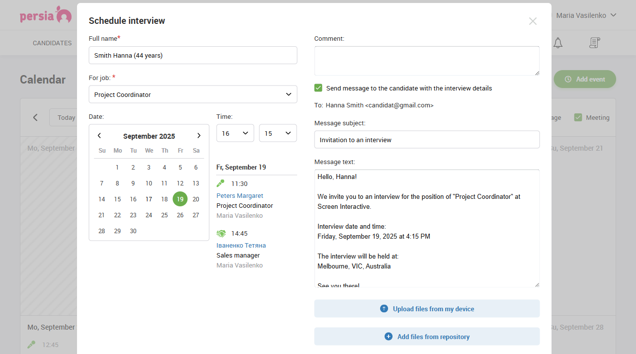 Schedule an interview | Recruitment automation | PersiaHR