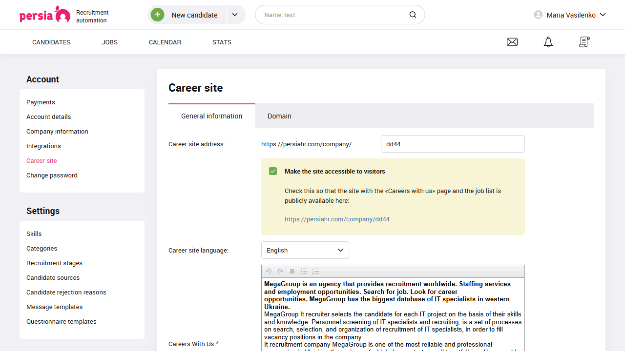 Set up a career site | Recruitment automation | PersiaHR
