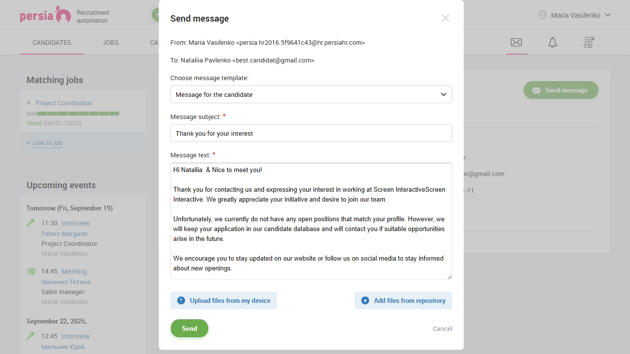 Candidate correspondence | Recruitment automation | PersiaHR