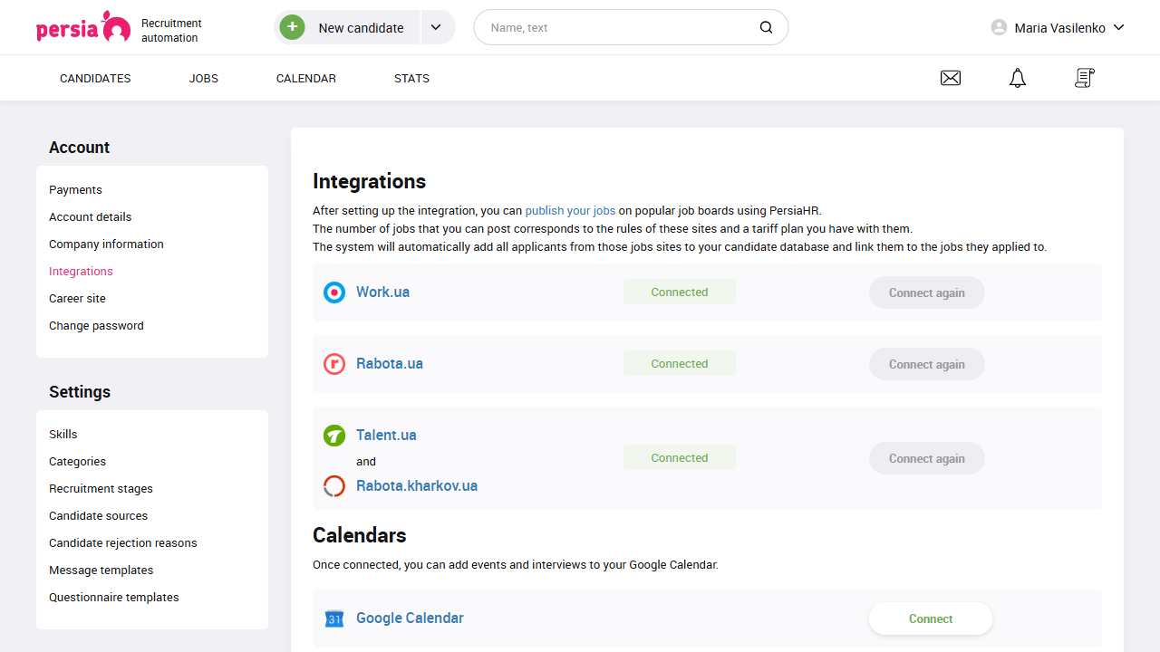 Set up integration | Recruitment automation | PersiaHR