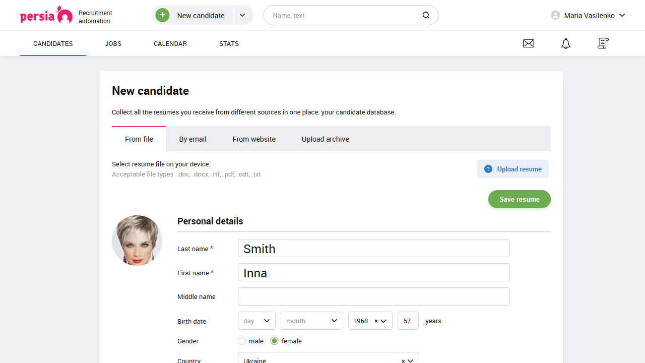 New candidate&nbsp;| Recruitment automation&nbsp;| PersiaHR