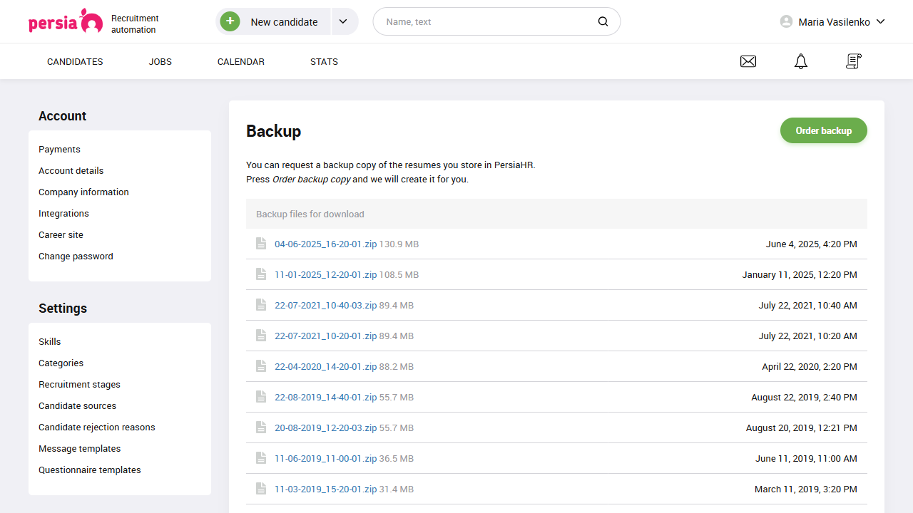 Candidate database backup | Recruitment automation | PersiaHR