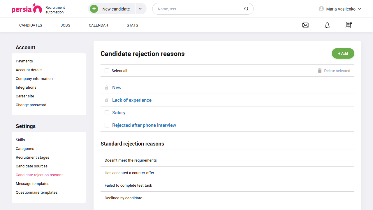 Candidate rejection reasons | Recruitment automation | PersiaHR