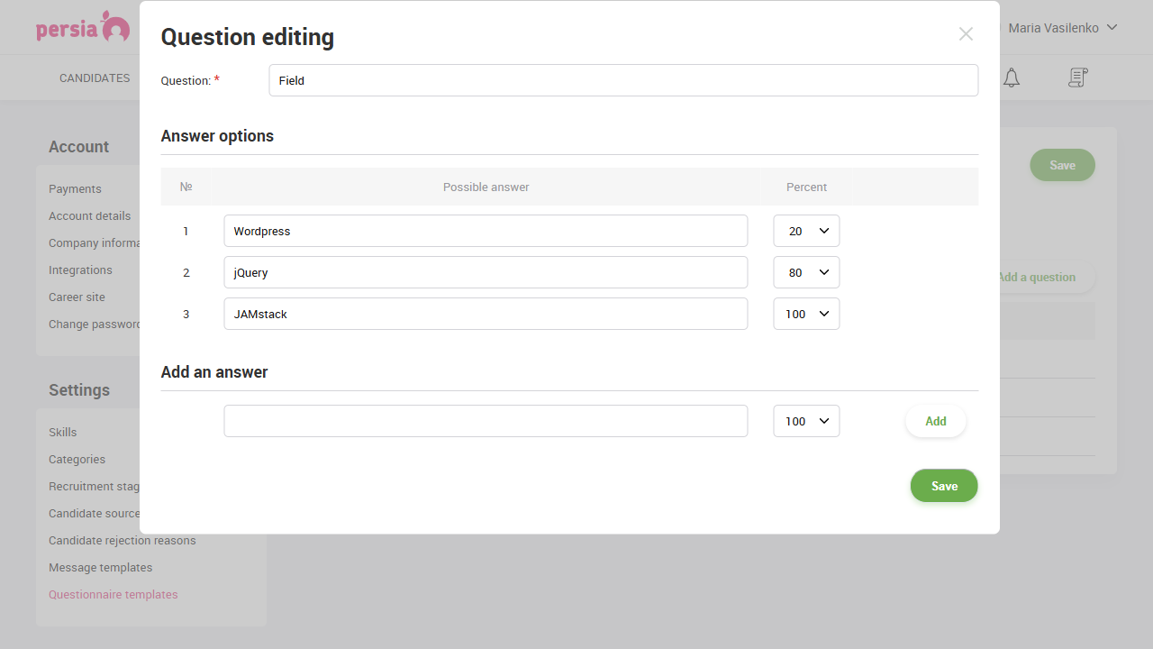 Create a questionnaire for candidate evaluation | Recruitment automation | PersiaHR